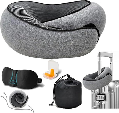 Travel Neck Pillows for Airplanes, 360° Head Support Sleep for Long Flight, Skin-Friendly & Breathable, Kit with 3D Contoured Eye Mask and Earplugs, 100% Pure Memory Foam Full Neck Surround Pillows