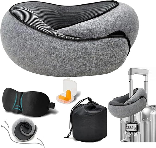 Travel Neck Pillows for Airplanes, 360° Head Support Sleep for Long Flight, Skin-Friendly & Breathable, Kit with 3D Contoured Eye Mask and Earplugs, 100% Pure Memory Foam Full Neck Surround Pillows