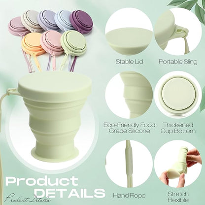 8 Pcs Silicone Collapsible Travel Cup Foldable 7 oz Camping Cups with Lids, Reusable Expandable Portable Drinking Mugs for Outdoor Hiking Camping and Travel(Macaron Colors)