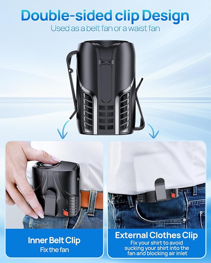 2025 Portable Personal Waist Fan& Neck Fan, 14000RPM Brushless Motor, 40H Runtime Rechargeable, 6-Speed Quiet Operation, Clip-On Personal Body Cooling for Camping/Worksites/Outdoor