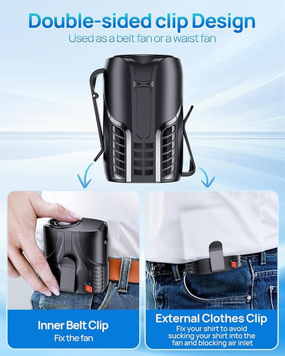 2025 Portable Personal Waist Fan& Neck Fan, 14000RPM Brushless Motor, 40H Runtime Rechargeable, 6-Speed Quiet Operation, Clip-On Personal Body Cooling for Camping/Worksites/Outdoor
