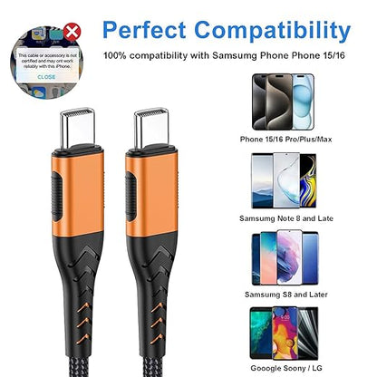 Durcord USB C to USB C Cable, 2Pack 100W 10ft USB C Charger Cable Fast Charging for Android/Phone/Pad, Type C to Type C Charger Braided USB Cable Compatible with Phone 16/15 Pro Plus Max Orange