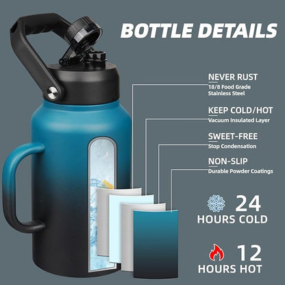 BJPKPK 87oz Insulated Water Bottle with Handle, Large Dishwasher Safe 2/3 Gallon Water Bottle, BPA Free Water Jug, Wide Mouth Metal Flasks with Anti-slip Bottom, Keep Cold & Hot,Blue & Black