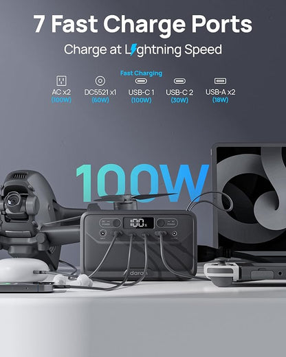 DaranEner Portable Power Station 28000mAh LiFePO4 Battery, Power Bank with AC Outlet 100W/110V, USB-C PD Fast Charging Solar Generator for Laptop, Travel, Camping, Home, Office, TSA Approved