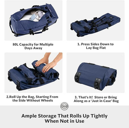STOVER 80L Rolling Duffel Bag with Wheels, Large Durable Travel Duffle + Toiletry Bag, Heavy Duty, Packable, Foldable with Shoulder Straps- Use as Luggage or Backpack, Men/Women (Navy Blue)