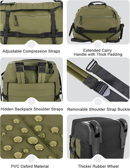 85L 29“ Foldable Rolling Backpack with Wheels, Soft-Side Travel Duffle Bag with Separate Shoe Compartment, Full Quilted Bottom, Army Green