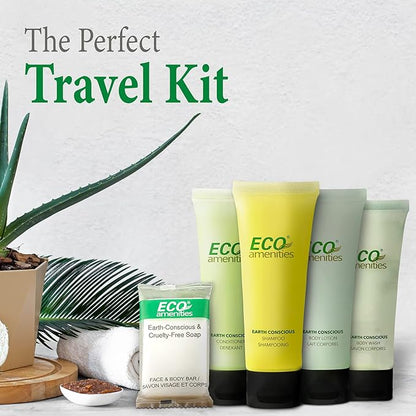 ECO amenities Travel Essentials Toiletry Kit - 150-Piece Hotel Toiletries Bulk Set - Shampoo & Conditioner Pack - Travel Body Wash & Bar Soap - 30ml Shampoo/Conditioner, 30ml Body Wash/Lotion,28g Soap