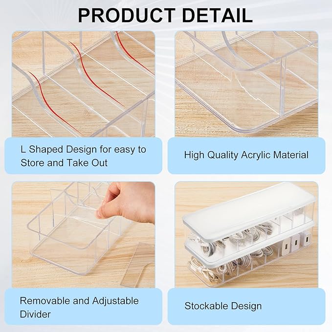 Tatuo 2 Pcs Cable Organizer Box with Wire Ties, Plastic Cord Storage Box with Lid, Electronics Organizer for Home Office Desk Organizers and Accessories (Clear,White)