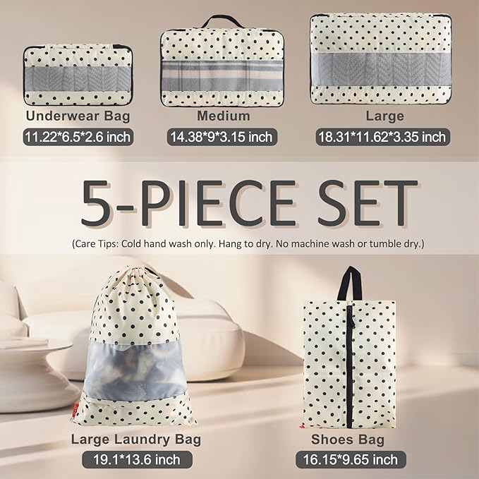U+U 5 Set Packing Cubes for Travel Essentials Ultralight Luggage Packing Organizers with Laundry Bag and Shoe Bag for Vacation, Business Trip and Camping (Polka Dot)