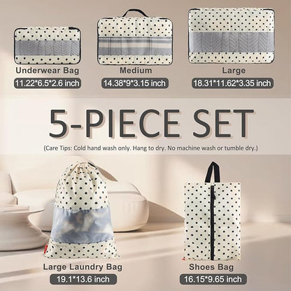 U+U 5 Set Packing Cubes for Travel Essentials Ultralight Luggage Packing Organizers with Laundry Bag and Shoe Bag for Vacation, Business Trip and Camping (Polka Dot)