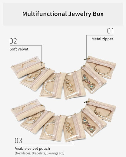 Vlando 12 Pcs Travel Jewelry Organizer Velvet Jewelry Pouch with Zipper Clear Travel Jewelry Bag for Travel Business Trip Mother‘s Day Gift for Mom Wife Women