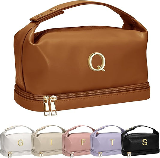 Birthday Gifts for 13 14 15 16 17 18 Year Old Girls Gifts, Personalized Makeup Bag with Handle, Initial Double Layer Cosmetic Bag with Makeup Brush Organizer, Cute Cosmetic Pouch for Women