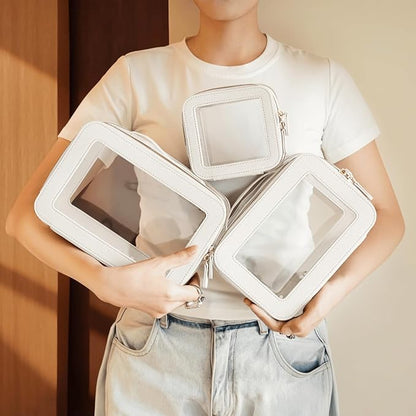 Clear Cosmetic Bag Set for Women Makeup Bag with Handle, 3 Pcs Travel Toiletry Bag Transparent Cosmetic Case Portable Make Up Organizer Bag for Essentials (White, Mini+S+L)
