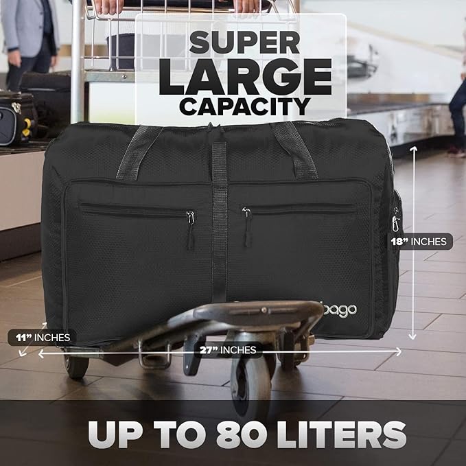 Bago Large Foldable Duffel Bags for Traveling Women & Men - 80L Packable Duffle Bag for Travel with Shoe Compartment - Water Repellant, Heavy Duty, Lightweight Folding & Collapsible (All Black)