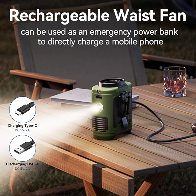 Aristide Waist Fan With Flashlight,Personal Fan Portable USB Rechargeable Waist Clip Fan Working Fan Hand Free 10000mAh, 36hours Wearable Cooler