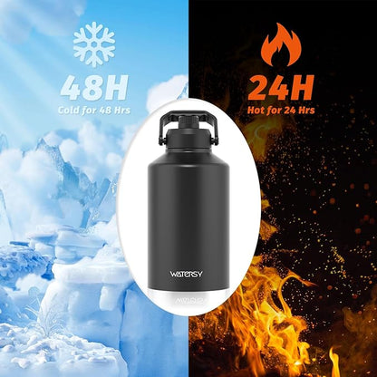 WATERSY 1.5 Gallon Water Bottle Insulated(Cold for 48 Hrs),BPA Free&Leak Proof,196oz Stainless Steel Water Jug,Big thermos,Large Water Bottle with Handle for Gym,Hiking,Camping&Travel,Black