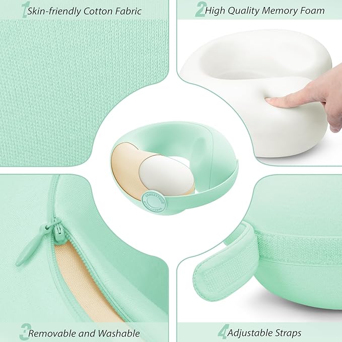 Car Pillow for Little Kids Travel Neck Pillows, Memory Foam Neck Support Travelling Pillow with Washable Cotton Pillowcases and Storage Bag, for Airplane, Train, Flight and Home Use Green