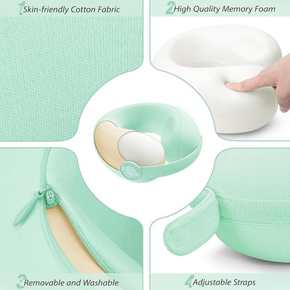 Car Pillow for Little Kids Travel Neck Pillows, Memory Foam Neck Support Travelling Pillow with Washable Cotton Pillowcases and Storage Bag, for Airplane, Train, Flight and Home Use Green