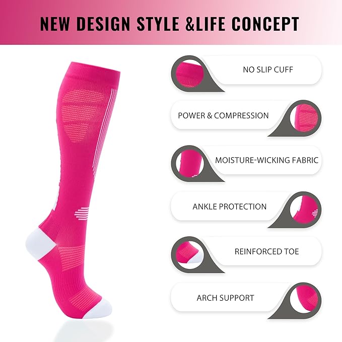 fenglaoda Compression Socks Women Men 6 Pairs, Knee High Best Support Circulation Socks for Running, Travel, Flight, Nurse