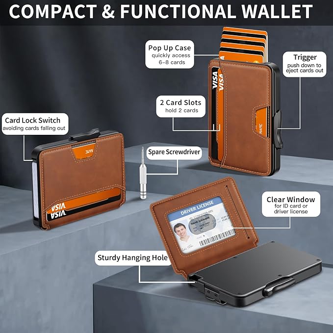 Wallet for Men, Mens Wallet Minimalist Slim Wallet, RFID Blocking Smart Pop Up Wallet with Money Clip & ID Window, Metal Compact Wallet, Aluminum Credit Card Holder Wallet