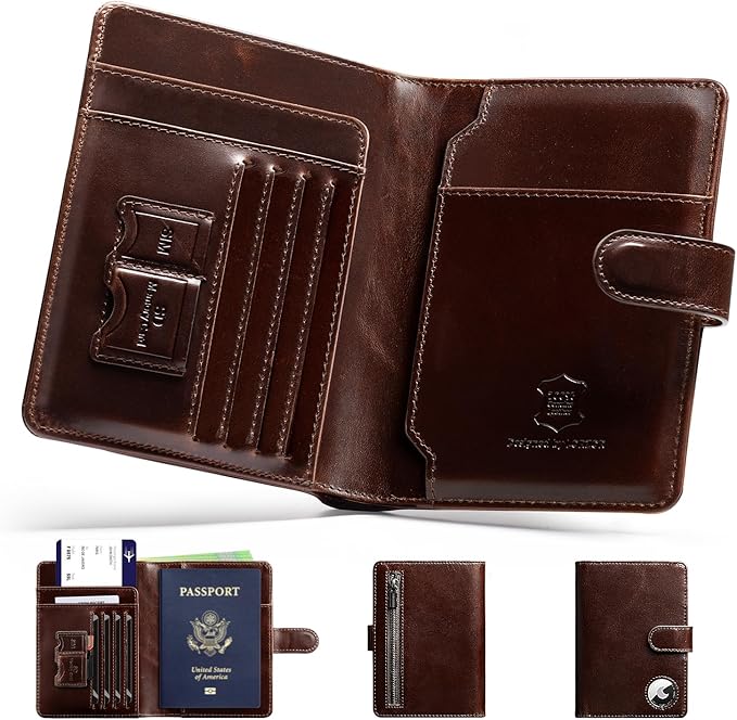 LORZOR Passport Holder for Travel: Full Grain Leather Passport Cover with Airtag Holder Magnetic Buckle for Men - RFID Blocking Bifold Wallet for Air Ticket Card Cash Coin (Brown)