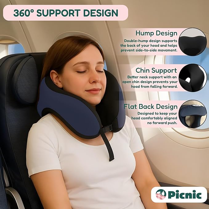 Picnic Neck Pillow for Traveling | 100% Pure Memory Foam Travel Pillow for Airplanes, Car & Office | Ergonomic Support with Adjustable Clasp, Eye Mask & Compact Travel Bag | Perfect for Relaxation