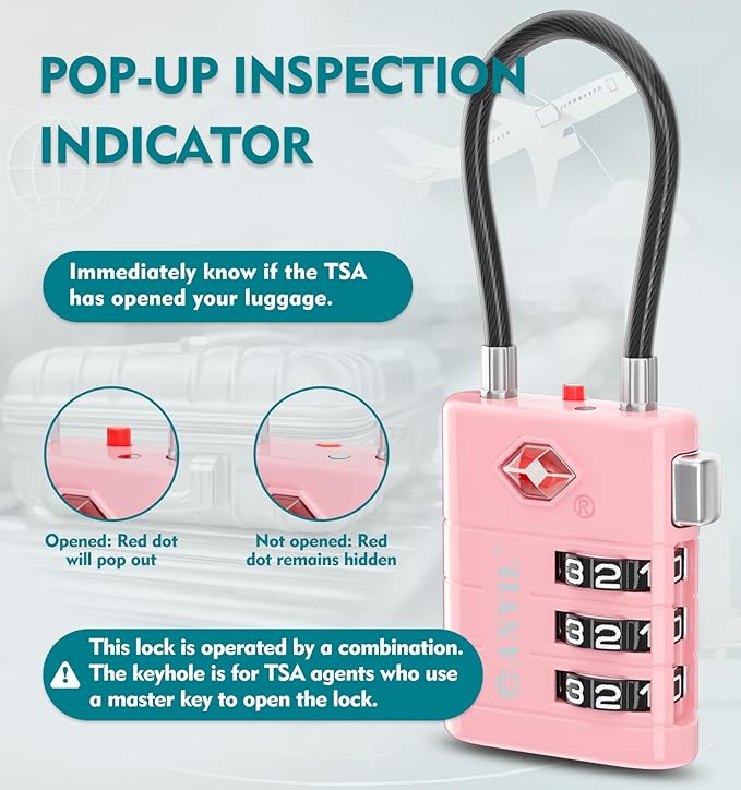 ANVIL TSA Approved Luggage Locks – High Security TSA008 Combination Travel Locks with Inspection Indicator for Suitcases and Backpacks. (4, Pink)
