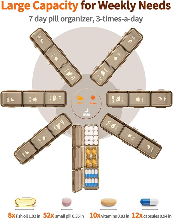 Pill Organizer 3x a Day, Large 7 Day 3 Times a Day Weekly Pill Box with 7 Detachable Pill Containers, Portable Daily Travel Medicine Pill Case Medicine Organizer for Vitamin Fish Oil Supplement, Brown