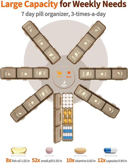 Pill Organizer 3x a Day, Large 7 Day 3 Times a Day Weekly Pill Box with 7 Detachable Pill Containers, Portable Daily Travel Medicine Pill Case Medicine Organizer for Vitamin Fish Oil Supplement, Brown