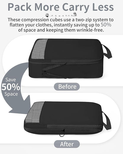 Compression Packing Cubes 11 Set - Expandable Suitcase Organizers, Luggage Bags for Travel Essentials - Black