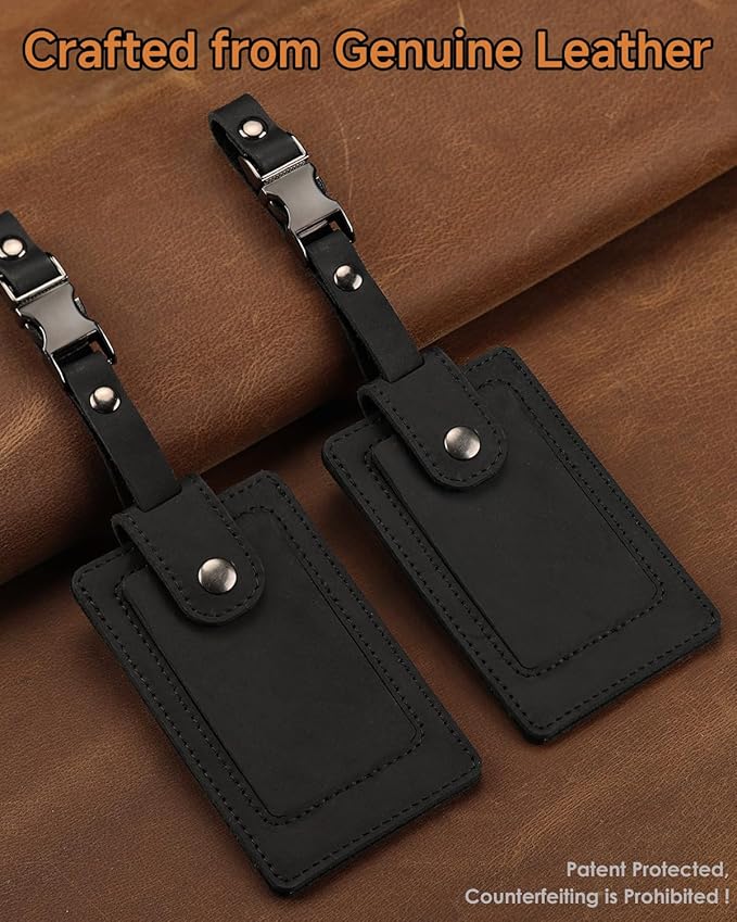 Premium Genuine Leather Luggage Tags for Suitcases - Quick Release, Privacy Protection, Elegant and Durable, Travel Essential Luggage Tag - 2 Pack Black
