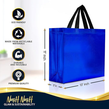 Nush Nush Shiny Large Blue Gift Bags Bulk – Set of 60 Reusable Blue Large Gift Bags with Handles - Ideal Goodie Bag for Birthday Party Favors, Small Business, Wedding, Holiday, Events – 13Wx5Dx11H
