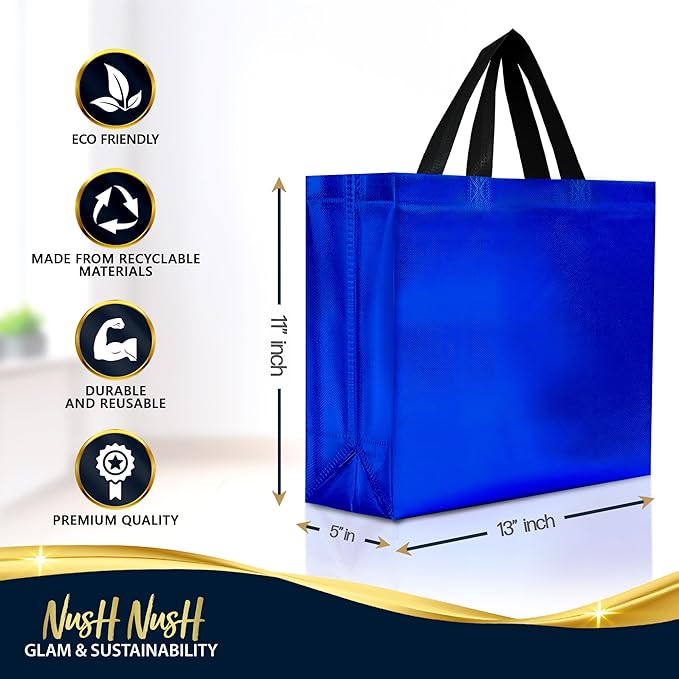 Nush Nush Shiny Large Blue Gift Bags Bulk – Set of 30 Reusable Blue Large Gift Bags with Handles - Ideal Goodie Bag for Men, Birthday Party Favors, Small Business, Wedding, Holiday – 13Wx5Dx11H