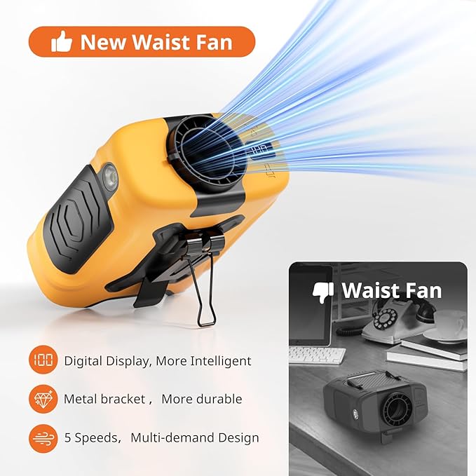 Portable Waist Fan 10000mAh Portable Waist Fan 18000RPM With Max 12H Working Time 5 Speeds adjustment with LED flashlight and Charging display Cooling for Outdoor Jobsite and etc(Yellow)