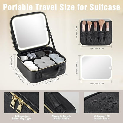 Travel Makeup Bag with Removable Mirror and Light, LED Lighted Make up Train Case, Cosmetic Organizer with PU Leather, 3 Colors Dimming Light, Adjustable Dividers & Brush Storage Board, Gift for Women