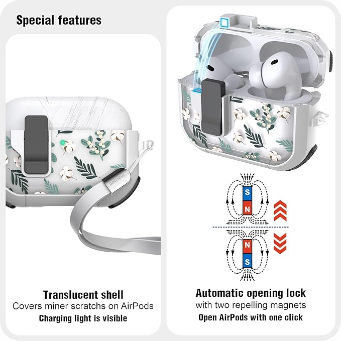 WENEW for AirPods Pro 3 Case (2025) Cover Secure Lock Automatic Snap Switch Clip Cleaner Kit Lanyard Women Stylish Flower Hard Shell Full Body Front LED Visible (Green Leaves, AirPods Pro 3)