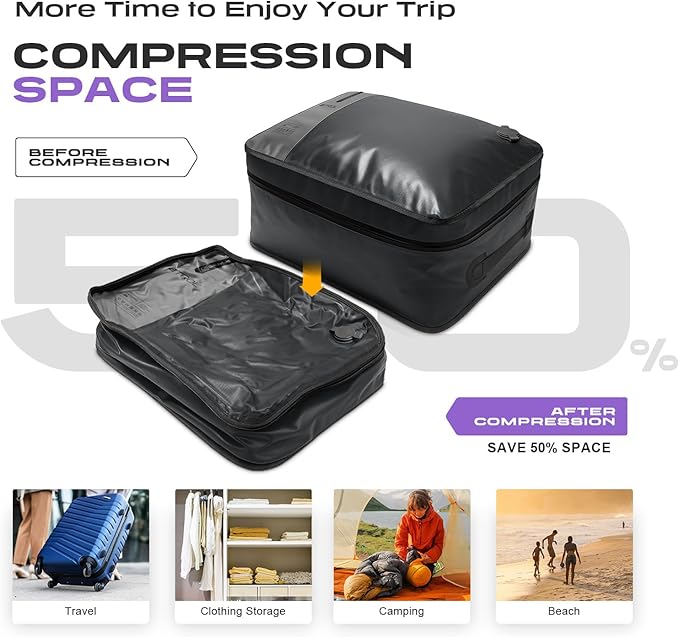 ETROL TPU Vacuum Bag for Travel, 70D Nylon Reusable Compression Bag with IP67 Waterproof Zipper, Compression Packing Cubes for Clothing, Space Saver Bags for Luggage (Full Open, Grey,1Pcs+Pump)