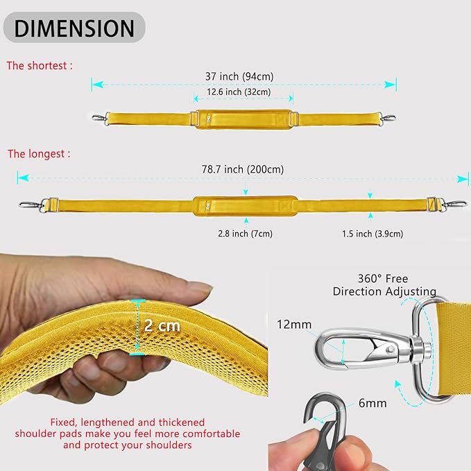 ZINZ 79 inch Shoulder Strap, Extra-Thick Fixed Cushion Pad and Dual Clasps Universal Replacement Strap with Metal Swivel Hooks for Laptop Bags, Luggage Bags, Camera, Crossbody (200cm,Yellow)