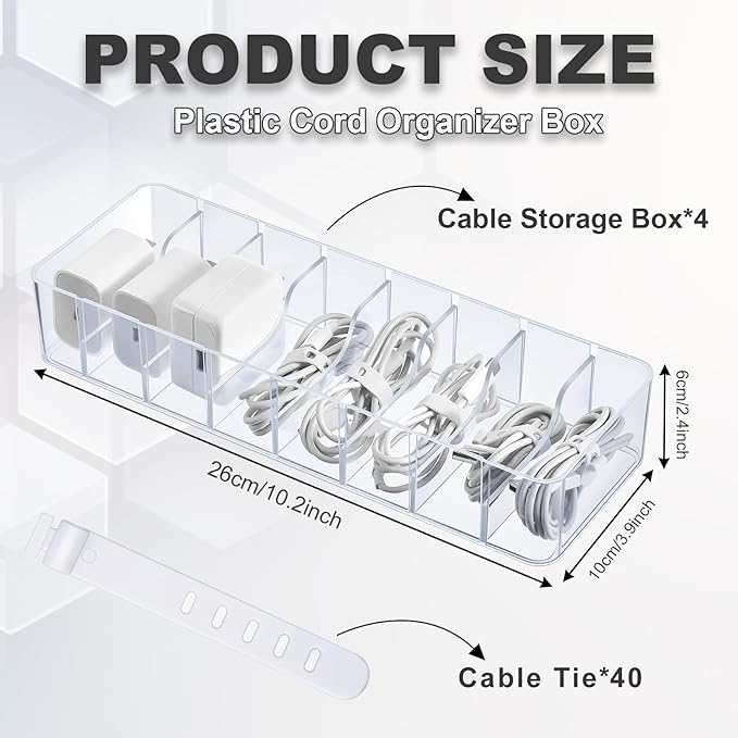 ZILAMGOO 4 Pack Plastic Cord Organizer Box with 40 Wire Ties, Electronics Accessories Storage Case, Clear Cell Phone Cord Storage Organizer with 8 Compartments for Home Office Desk Organizers