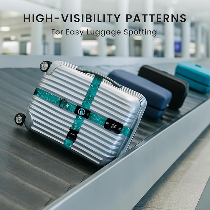 Travelkin Luggage Straps TSA Approved - Adjustable Cross Suitcase Straps with TSA Lock, Reinforced Buckle, Unique Pattern - Secure Heavy Duty Luggage Straps for Travel (Air Line Blue)