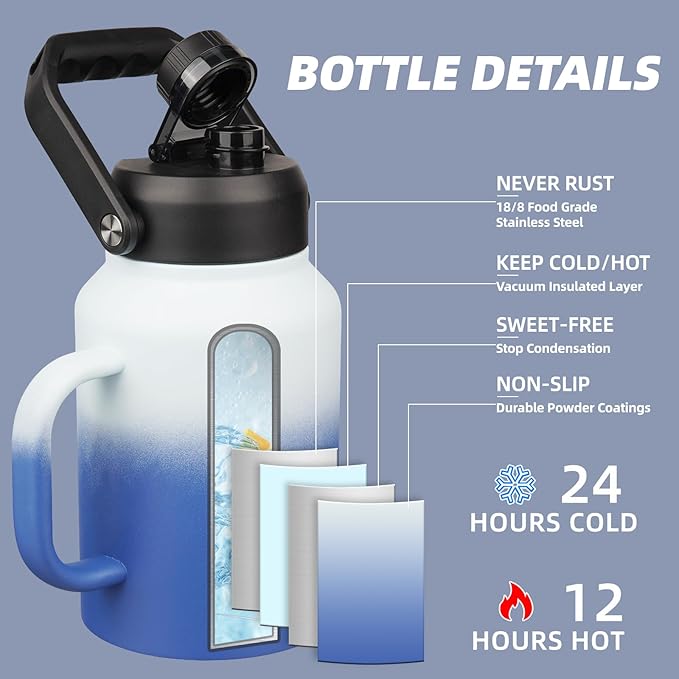 BJPKPK 64oz Insulated Water Bottle with Handle, Large Dishwasher Safe Half Gallon Water Bottle, BPA Free Water Jug, Wide Mouth Metal Flasks with Anti-slip Bottom, Keep Cold & Hot, Sky