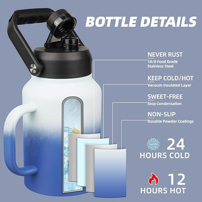BJPKPK 64oz Insulated Water Bottle with Handle, Large Dishwasher Safe Half Gallon Water Bottle, BPA Free Water Jug, Wide Mouth Metal Flasks with Anti-slip Bottom, Keep Cold & Hot, Sky