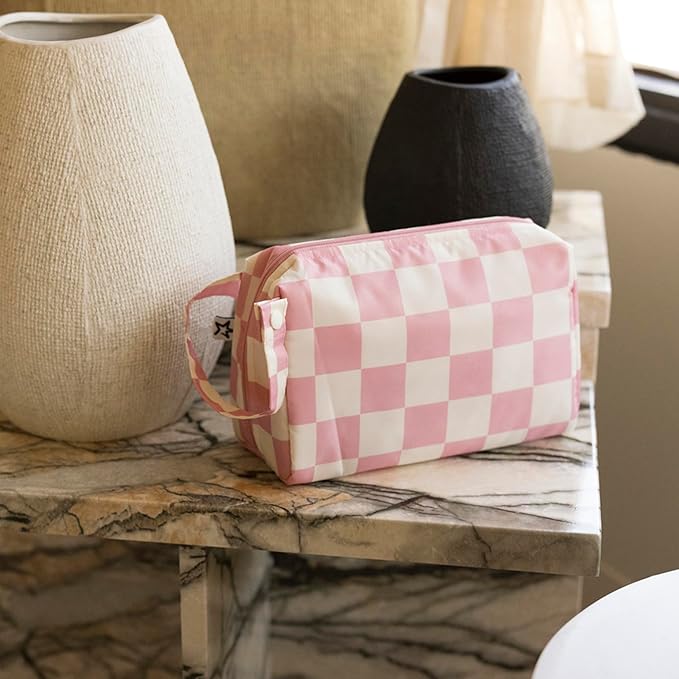 Tiny Twinkle Waterproof Travel Toiletry & Makeup Bag Organizer | Large Capacity Cosmetic Case with Compartments & Handle, A Thoughtful Travel Companion for Women（Pink Checkers