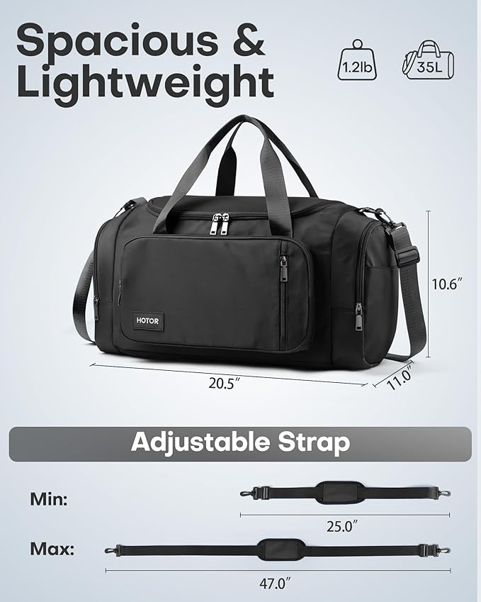 HOTOR Gym Bags for Men & Women - Spacious Duffle Bag with Shoe Compartment & Wet Pocket, Carry On Weekender Bag Portable Sports Duffel Bag for Workout, Fitness, Travel, Black, 20.5" x 11.0" x 10.6"