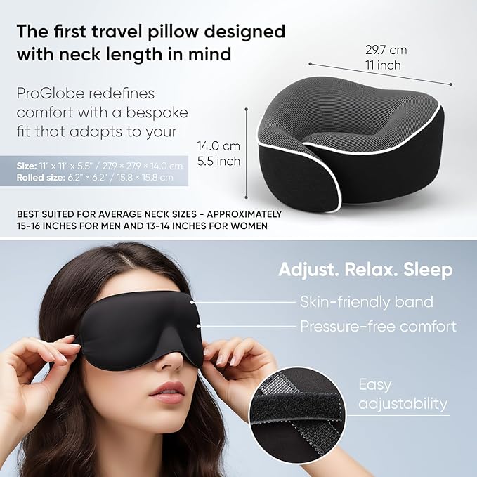Proglobe Travel Neck Pillow 100% Memory Foam – Airplane & Car Travel Essentials Kit with 3D Eye Mask, Earplugs & Mesh Bag – Sleeping Support Pillow for Adults (Dark Grey)