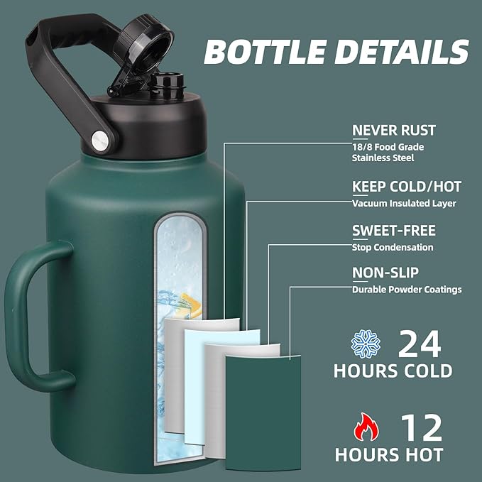 BJPKPK 1 Gallon Water Bottle with Handle, Large Dishwasher Safe 128oz Insulated Water Bottle, BPA Free Water Jug, Wide Mouth Metal Flasks with Anti-slip Bottom, Keep Cold & Hot,Army Green