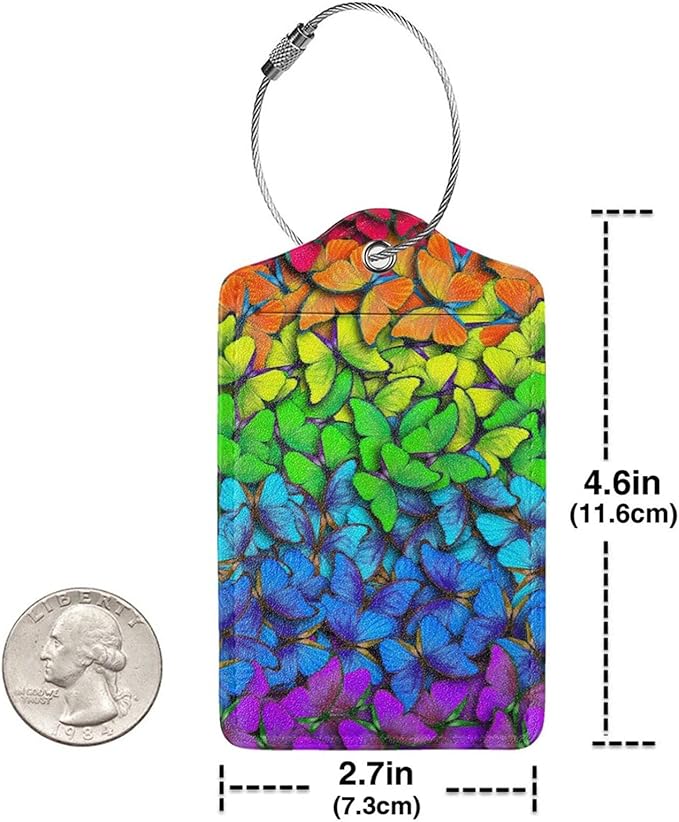 2 Pack Luggage Tag for Suitcases, Colorful Backpack Tag with Beautiful Butterflies Pattern Leather Suitcase Tags Identifiers with Privacy Name Address Labels & Durable Steel Loop for Women Men Travel