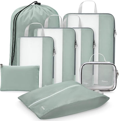 Gonex 8 Set Compression Packing Cubes for Travel Essentials, Expandable Mesh Organizer with Toiletry, Laundry, Shoe, Cable Bags for Suitcases, Gray