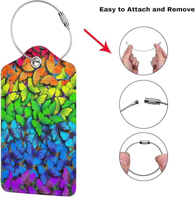 2 Pack Luggage Tag for Suitcases, Colorful Backpack Tag with Beautiful Butterflies Pattern Leather Suitcase Tags Identifiers with Privacy Name Address Labels & Durable Steel Loop for Women Men Travel