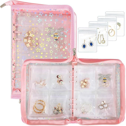 Jewelry Organizer Case Travel Clear Earring Organizer Case Transparent Jewelry Storage Book with Clear Zippered Jewelry Pouch (Pink, With 80 Pcs small Jewelry Pouches)